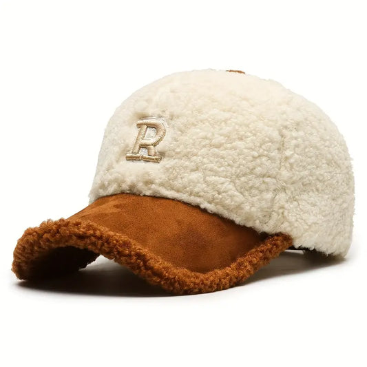 Cozy Teddy Fleece Baseball Cap with Letter R - Adjustable Snapback, Warm Winter Hat for Men & Women, Soft Knit, Moisture-Wicking, Holiday Gift