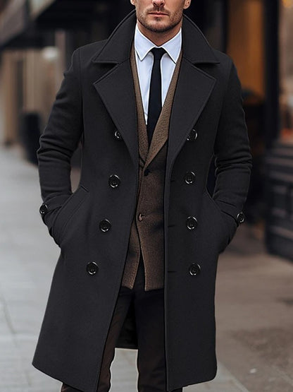 Elegant Men's Gray Tweed Pea Coat - Warm, Double-Breasted, Long Sleeve with Side Pockets & Brown Trim - Casual Solid Color Winter Cardigan for Streetwear, Casual Streetwear|Doublebreasted Design|Buttonup Coat