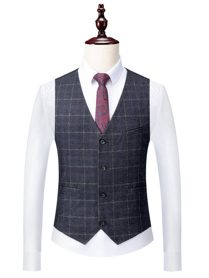 Men's 3pcs Gingham Suit Set, Casual Lapel Collar, Regular Fit, Long Sleeve, Non-Stretch Woven Viscose 26%, Polyester 74%, All Seasons, Includes Vest, Shirt, Pants - 290gsm Fabric Weight