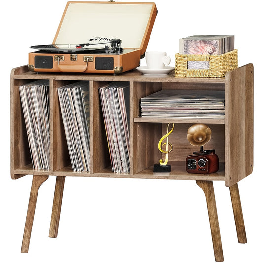 Lerliuo Black Vinyl Record Player Stand with 4 Cabinets, Holds Up to 100 Albums, Mid-Century Phono Display Table with Wooden Legs for Living Room or Lab Decor