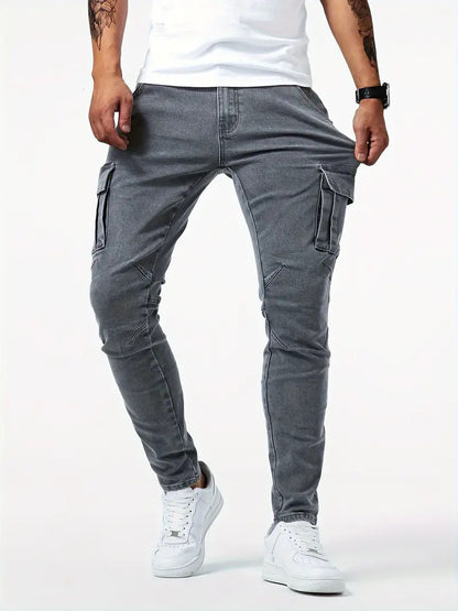 Men’s Utility Work Pants with Pockets – Slim Fit Denim Cargo Trousers for All Seasons