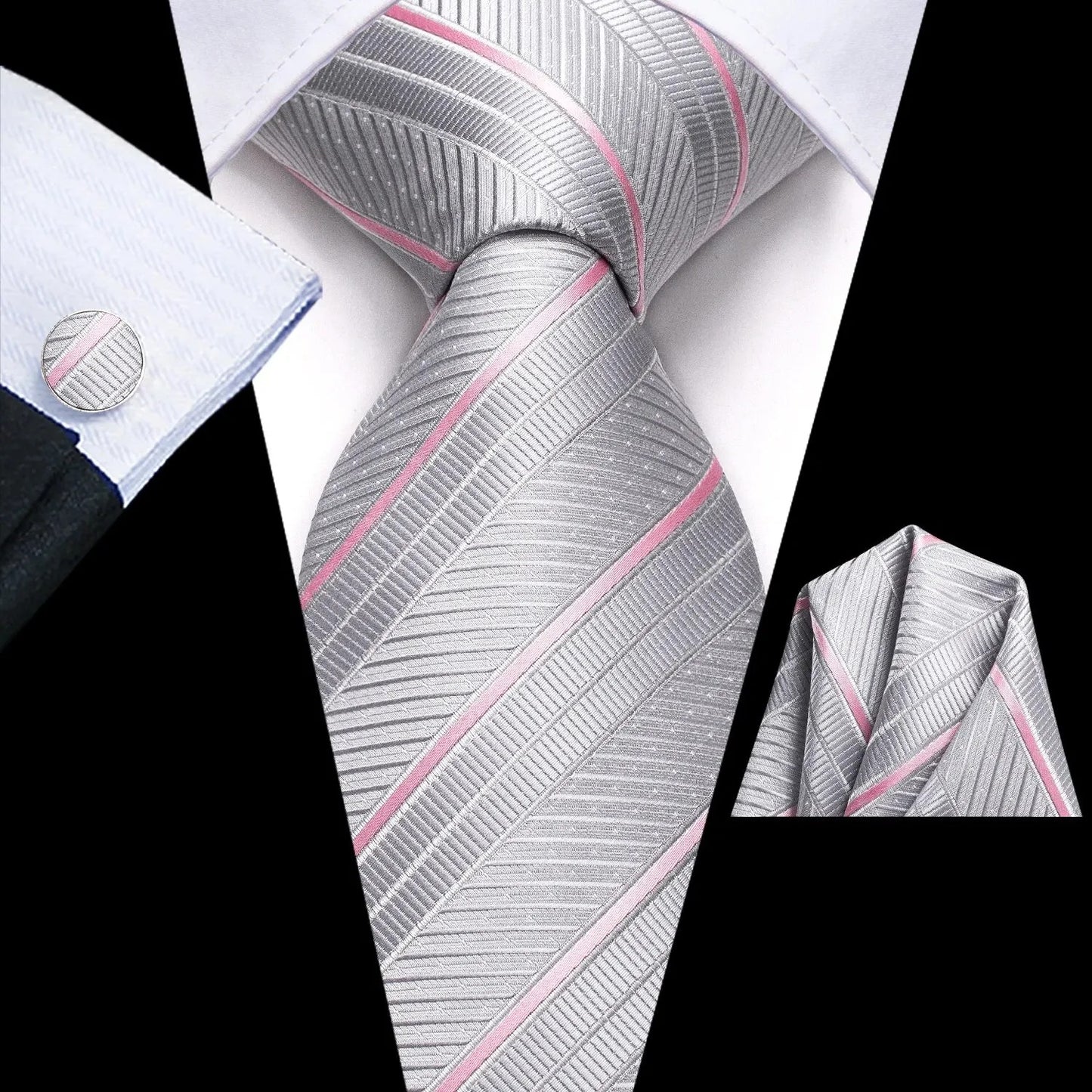 Men's Silk Business Tie Set with Handkerchief & Cufflinks