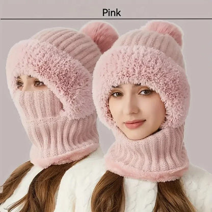 Winter Fleece Lined Knitted Hat with Ear Flaps, Windproof Neck Gaiter for Outdoor Cycling