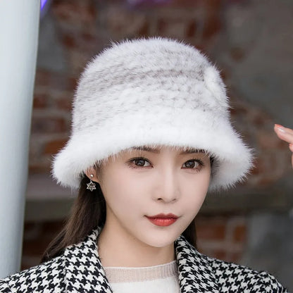 Winter Solid Mink Fur Hat with Flower Detail – Soft Knit Real Fur Bucket Hat for Women