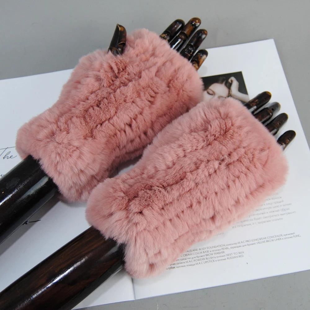 Genuine Rex Rabbit Fur Knit Mitten Gloves for Women - Fingerless Winter Warmth