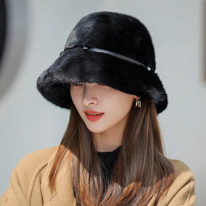 Natural Mink Fur Bucket Hat - Elegant Winter Snow Caps for Women