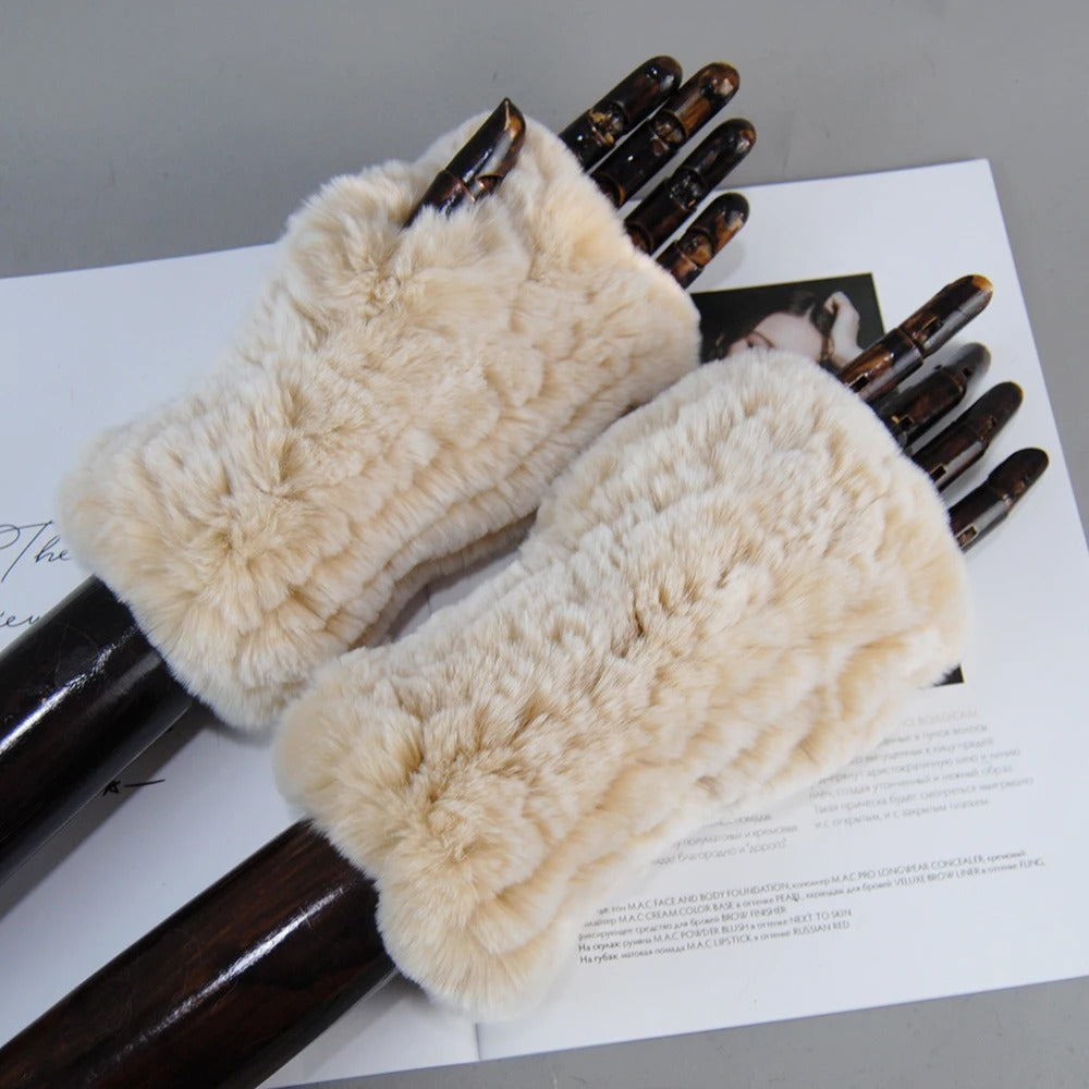 Genuine Rex Rabbit Fur Knit Mitten Gloves for Women - Fingerless Winter Warmth