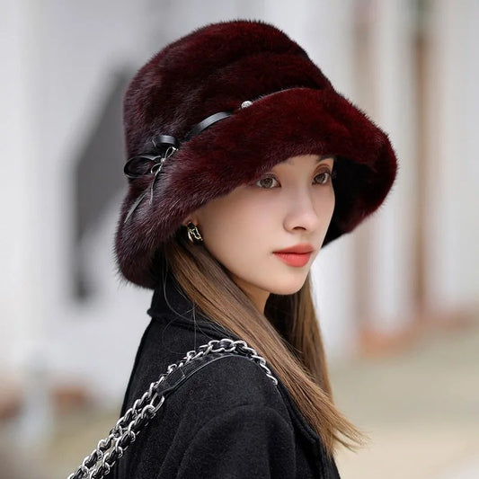 Natural Mink Fur Bucket Hat - Elegant Winter Snow Caps for Women