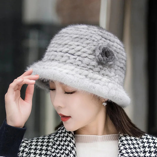 Winter Solid Mink Fur Hat with Flower Detail – Soft Knit Real Fur Bucket Hat for Women