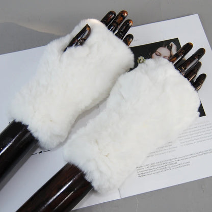 Genuine Rex Rabbit Fur Knit Mitten Gloves for Women - Fingerless Winter Warmth