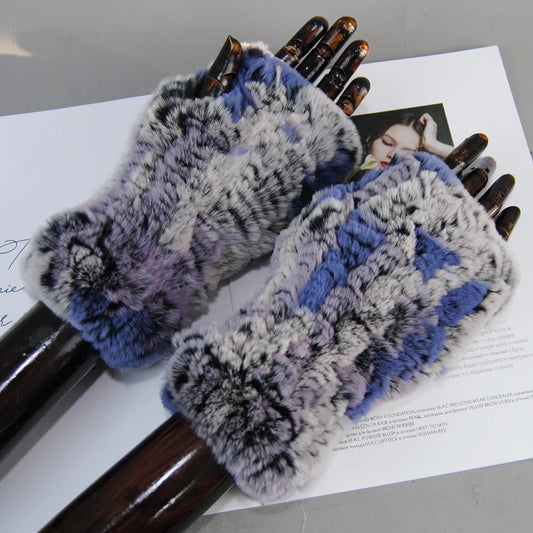 Genuine Rex Rabbit Fur Knit Mitten Gloves for Women - Fingerless Winter Warmth