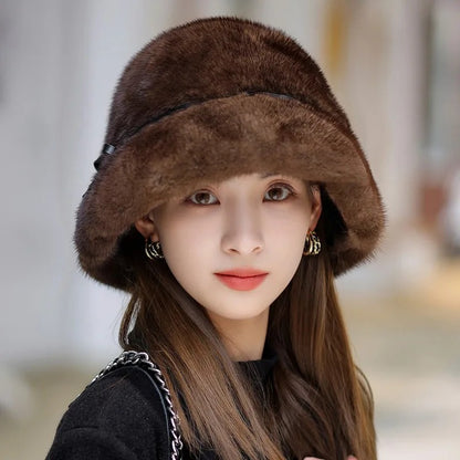 Natural Mink Fur Bucket Hat - Elegant Winter Snow Caps for Women