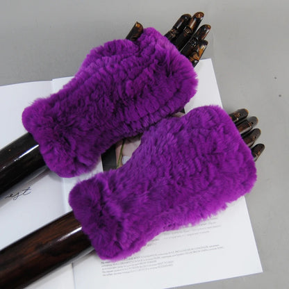 Genuine Rex Rabbit Fur Knit Mitten Gloves for Women - Fingerless Winter Warmth