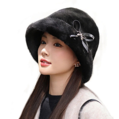 Natural Mink Fur Bucket Hat - Elegant Winter Snow Caps for Women