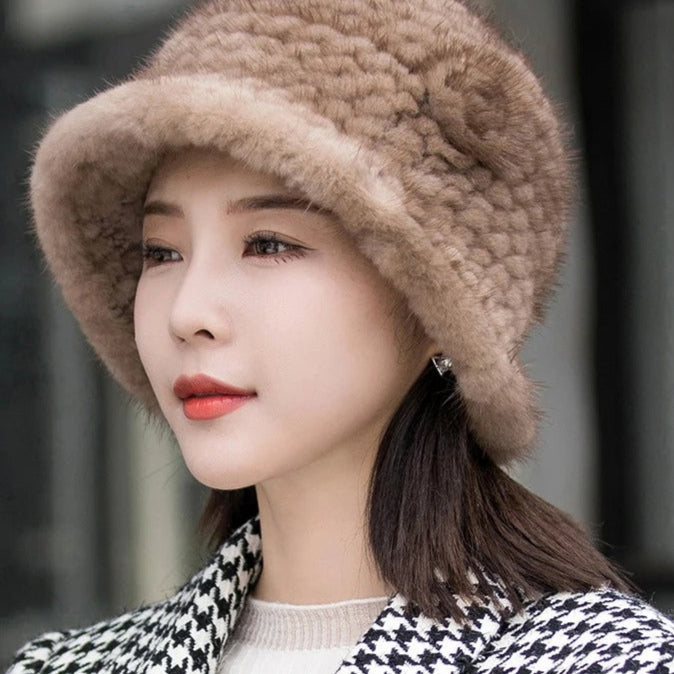 Winter Solid Mink Fur Hat with Flower Detail – Soft Knit Real Fur Bucket Hat for Women