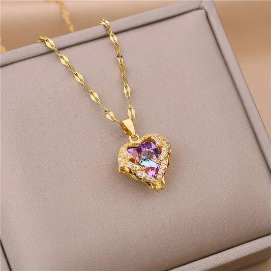 Elegant Ocean Heart Crystal Pendant Necklace – Women's Luxury Stainless Steel Jewelry