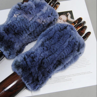 Genuine Rex Rabbit Fur Knit Mitten Gloves for Women - Fingerless Winter Warmth