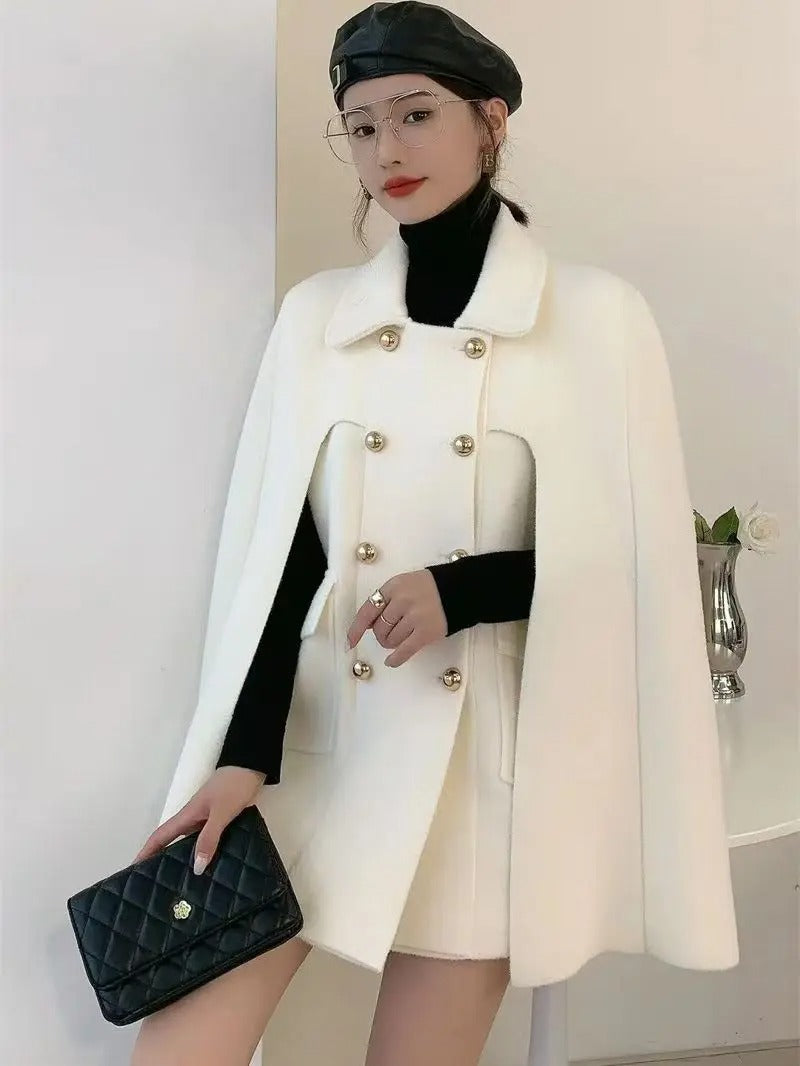 Elegant European Style Double-Breasted Knitted Cape Coat for Women