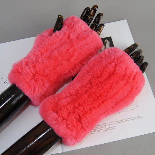 Genuine Rex Rabbit Fur Knit Mitten Gloves for Women - Fingerless Winter Warmth