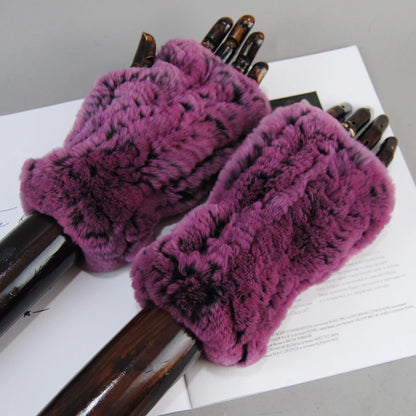 Genuine Rex Rabbit Fur Knit Mitten Gloves for Women - Fingerless Winter Warmth