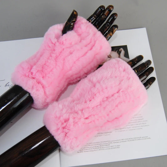 Genuine Rex Rabbit Fur Knit Mitten Gloves for Women - Fingerless Winter Warmth