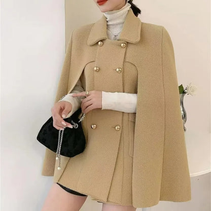 Elegant European Style Double-Breasted Knitted Cape Coat for Women