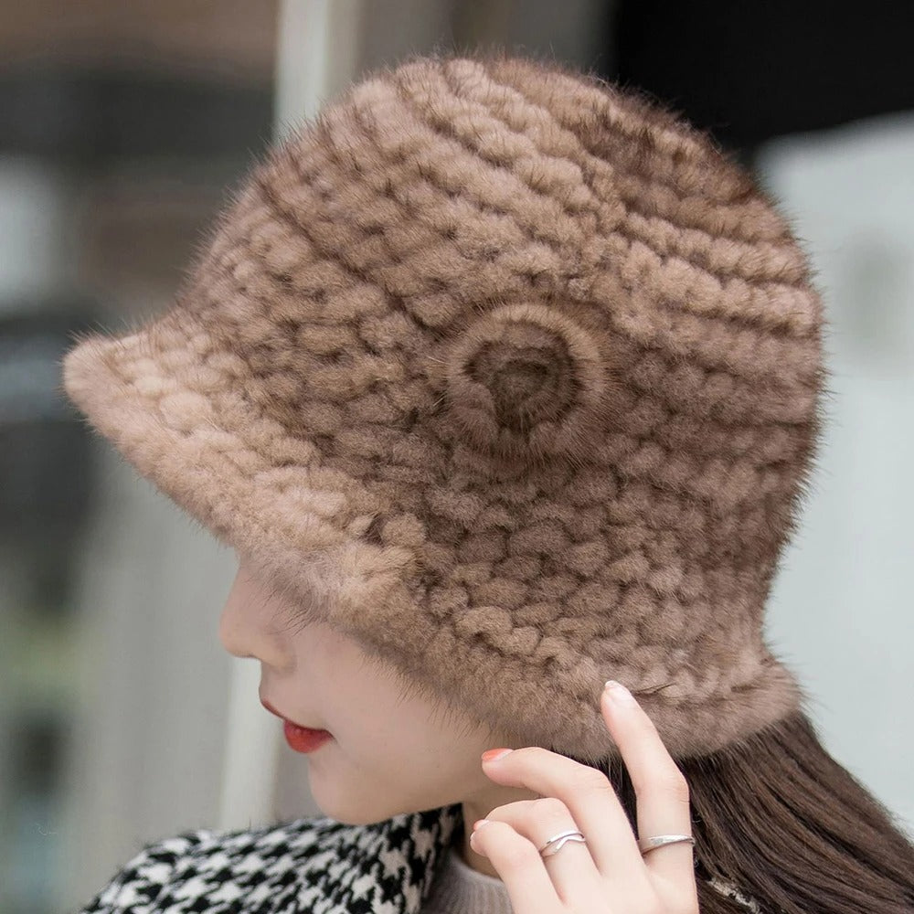 Winter Solid Mink Fur Hat with Flower Detail – Soft Knit Real Fur Bucket Hat for Women