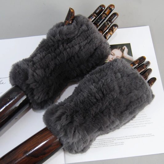 Genuine Rex Rabbit Fur Knit Mitten Gloves for Women - Fingerless Winter Warmth