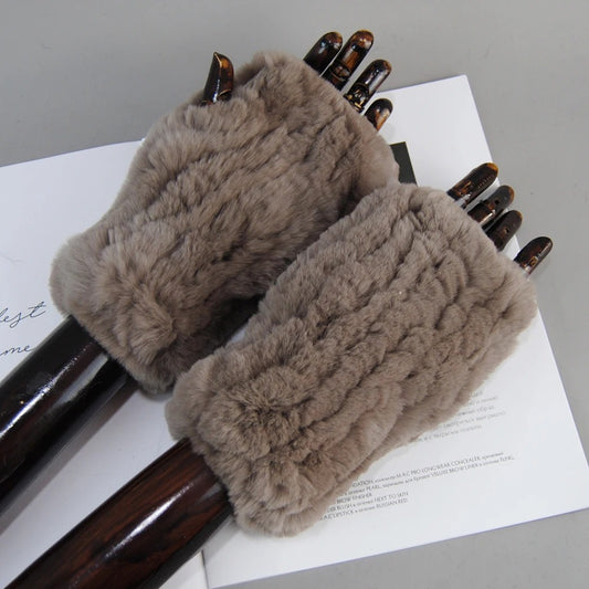 Genuine Rex Rabbit Fur Knit Mitten Gloves for Women - Fingerless Winter Warmth