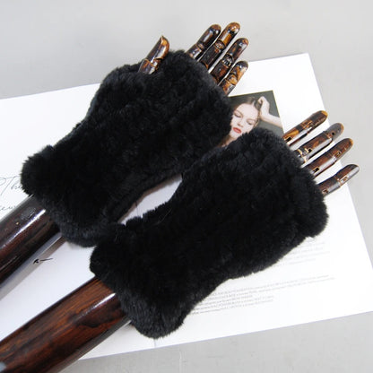 Genuine Rex Rabbit Fur Knit Mitten Gloves for Women - Fingerless Winter Warmth