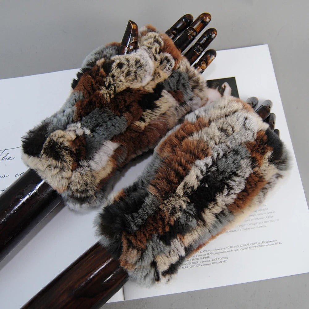 Genuine Rex Rabbit Fur Knit Mitten Gloves for Women - Fingerless Winter Warmth