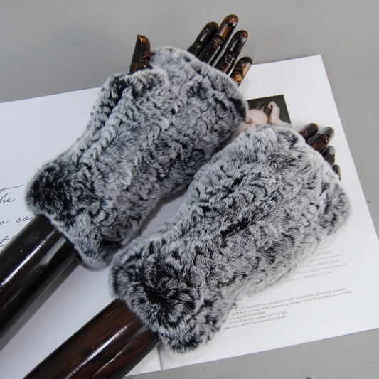 Genuine Rex Rabbit Fur Knit Mitten Gloves for Women - Fingerless Winter Warmth