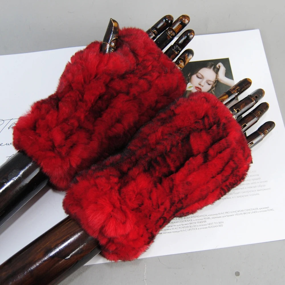 Genuine Rex Rabbit Fur Knit Mitten Gloves for Women - Fingerless Winter Warmth