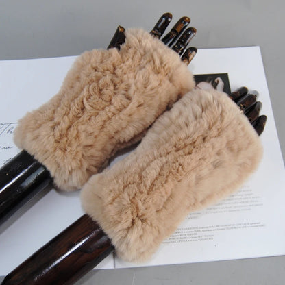 Genuine Rex Rabbit Fur Knit Mitten Gloves for Women - Fingerless Winter Warmth