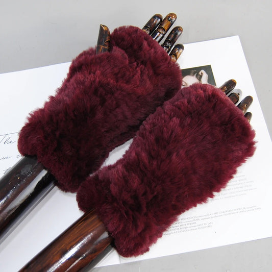 Genuine Rex Rabbit Fur Knit Mitten Gloves for Women - Fingerless Winter Warmth