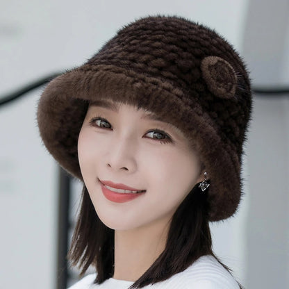 Winter Solid Mink Fur Hat with Flower Detail – Soft Knit Real Fur Bucket Hat for Women