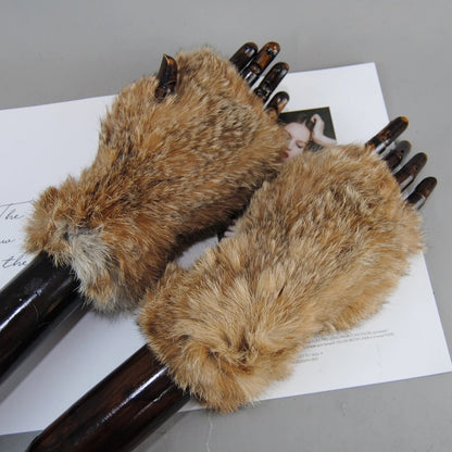 Genuine Rex Rabbit Fur Knit Mitten Gloves for Women - Fingerless Winter Warmth