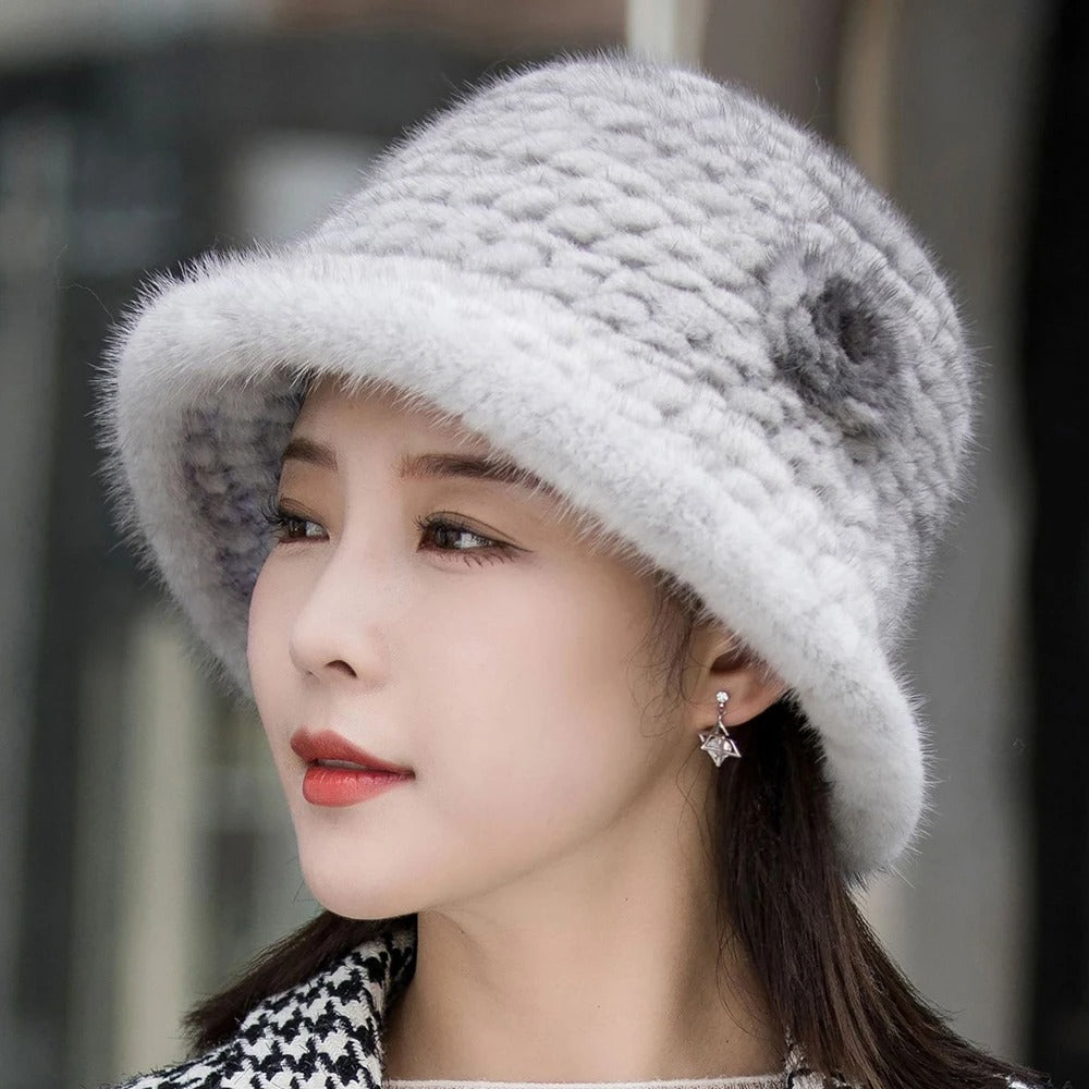 Winter Solid Mink Fur Hat with Flower Detail – Soft Knit Real Fur Bucket Hat for Women