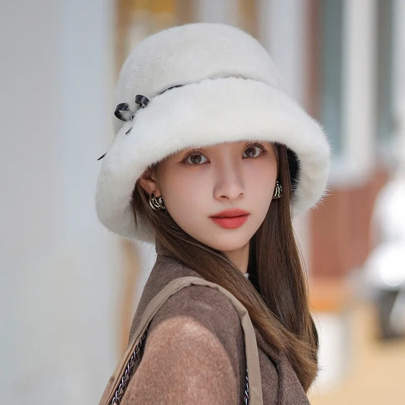 Natural Mink Fur Bucket Hat - Elegant Winter Snow Caps for Women