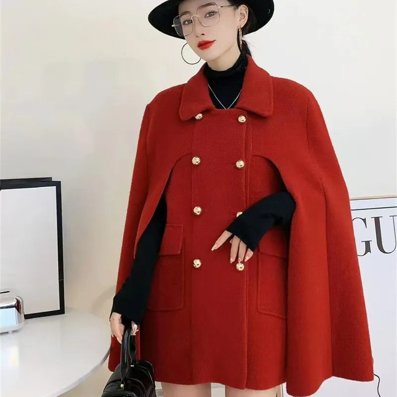 Elegant European Style Double-Breasted Knitted Cape Coat for Women