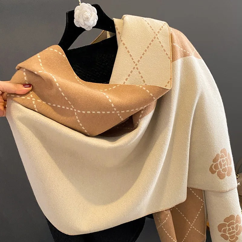 Luxurious Double-Sided Imitation Cashmere Winter Shawl with Camellia Sinensis Design