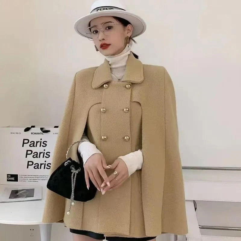 Elegant European Style Double-Breasted Knitted Cape Coat for Women