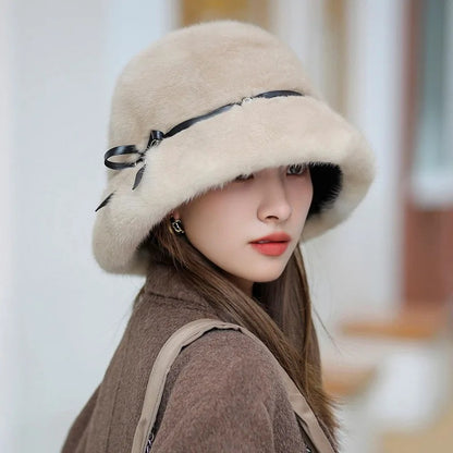 Natural Mink Fur Bucket Hat - Elegant Winter Snow Caps for Women