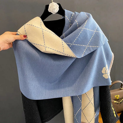 Luxurious Double-Sided Imitation Cashmere Winter Shawl with Camellia Sinensis Design