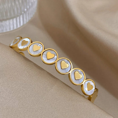 Gold-Plated Stainless Steel White Shell Heart Cuff Bracelet for Women – Waterproof Bangle, Perfect Mother’s Day Gift Jewelry