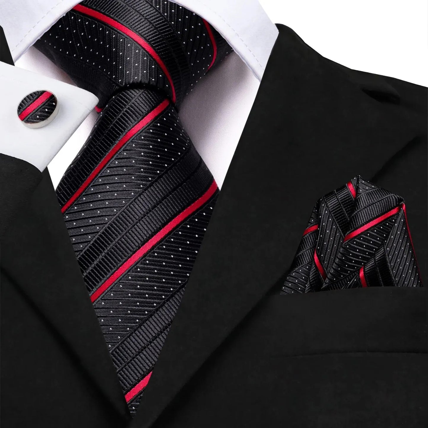 Men's Silk Business Tie Set with Handkerchief & Cufflinks