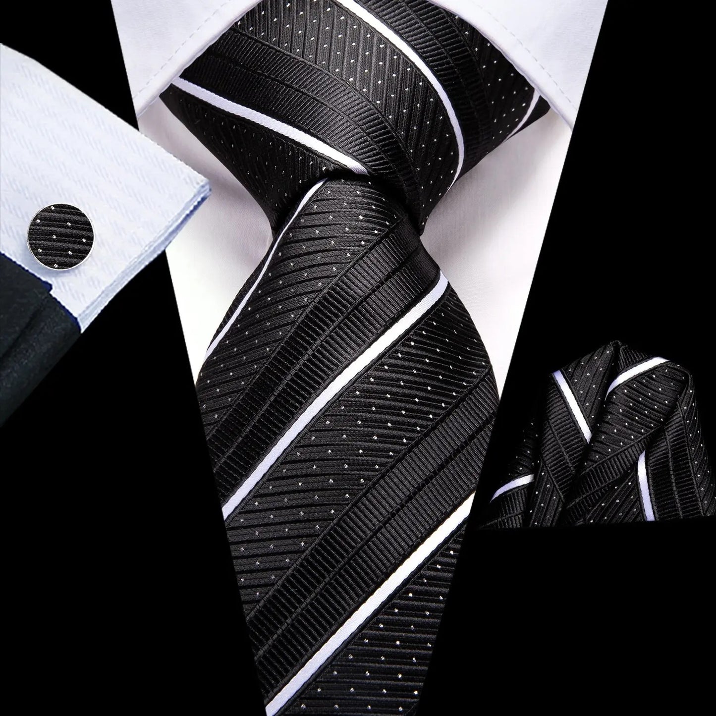 Men's Silk Business Tie Set with Handkerchief & Cufflinks