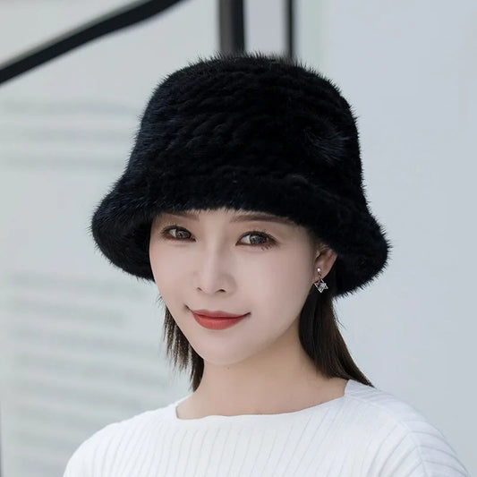 Winter Solid Mink Fur Hat with Flower Detail – Soft Knit Real Fur Bucket Hat for Women