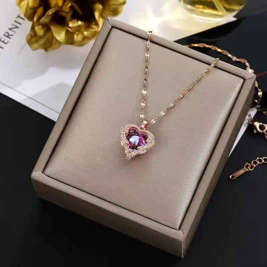 Elegant Ocean Heart Crystal Pendant Necklace – Women's Luxury Stainless Steel Jewelry