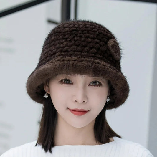 Winter Solid Mink Fur Hat with Flower Detail – Soft Knit Real Fur Bucket Hat for Women